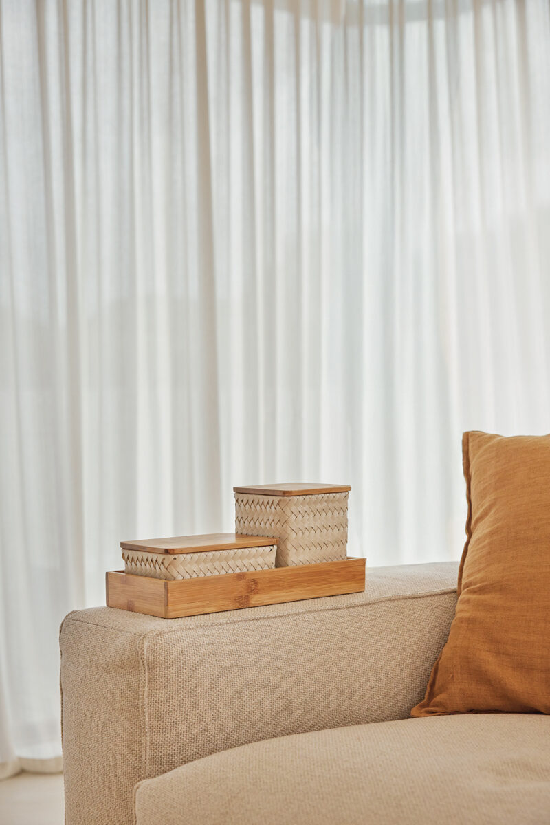 handmade organize fit storage basket set in champagne colour on the couch
