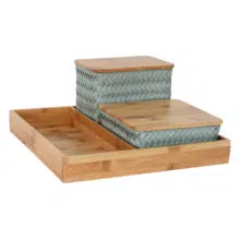 bamboo square tray with two handmade storage baskets in eucalyptus green made of recycled plastic
